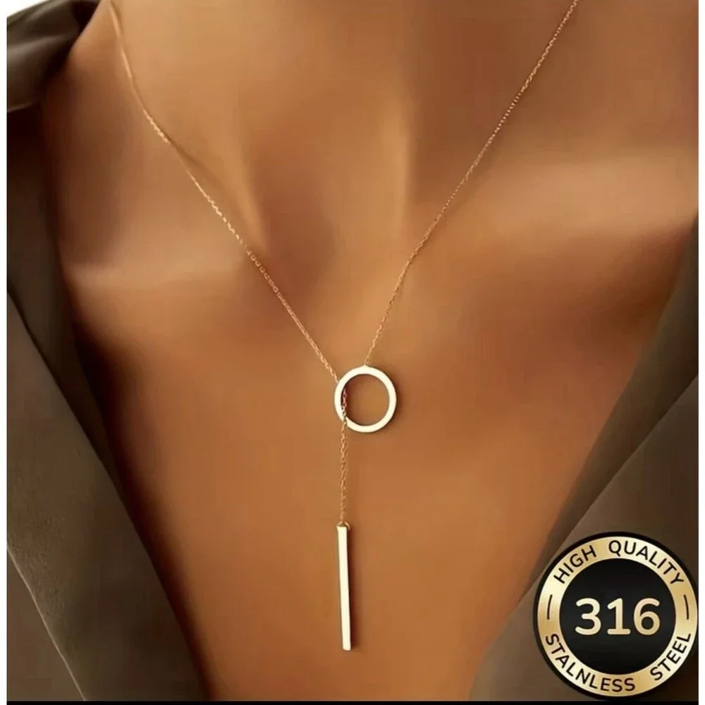 Dainty Bar and Loop Pendant Necklace Stainless Steel Gold-toned